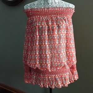 Tory Burch orange off shoulder leaf print blouse